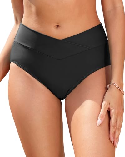 Women V Cut Full Coverage Bikini Bottom - High Waist Swim Bathing Suit Bottoms Cross V Front Swimsuit