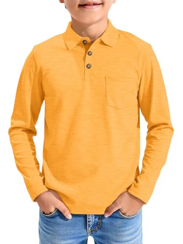 Image of Haloumoning Boys Long Sleeve Polo Shirts Kids Casual Button School Uniform Shirts with Chest Pocket 5-14 Years