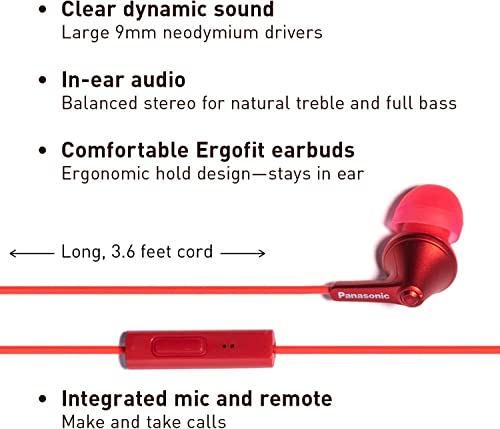 Image of Panasonic ErgoFit Wired Earbuds with Microphone, 3.5mm Jack Headphones with Mic and Call Controller, Ergonomic Custom-Fit Earpieces (S /M /L), for Phones and Laptops - RP-TCM125-R (Red)