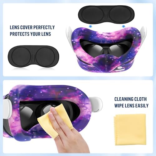 Silicone Cover Set Compatible with Meta Quest 3S Accessories, VR Protector Face Cover, Controller Grips, Front Shell Headset and Lens Protective (Starry Sky Purple) - 4