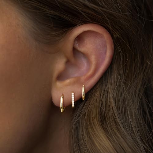 Poxtex Small 14K Gold Plated Huggie Hoop Earrings Set for Women, Hypoallergenic Mix Hoops Stacks for Multiple Piercings, Dainty Cute Lightweight Cartilage Jewelry Gift for Sensitive Ears 8/10/12mm by Poxtex - Used condition - Image 6