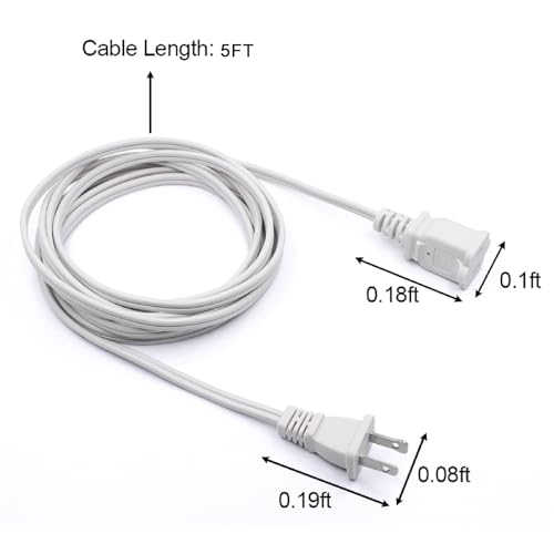 Image of 2 Pack 5ft 2 Pin Extension Cords, US Male /Female Power Cord for NEMA 5-15P to NEMA 5-15R (5ft) White