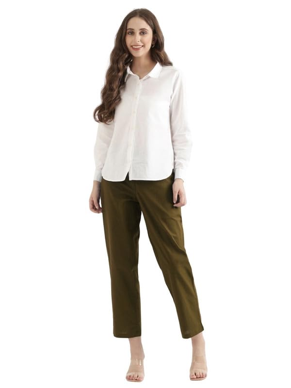 Image of SAADAA Women's Airy Linen Straight Pants | Regular Fit Trousers | Half Elasticated with Drawstrings & Buttons | 4 Pockets | Everyday & Office Wear