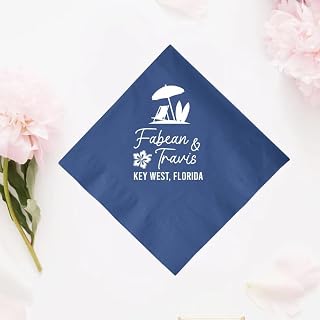 Personalized Beach Wedding Napkins, Navy Blue Cocktail Napkins with Custom Names and Location Print, 3-Ply Paper Beverage Napkins for Reception, Destination Wedding Party