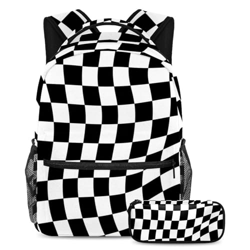 Sac à dos abstrait à carreaux noirs et blancs avec trousse assortie pour écoliers et adolescents