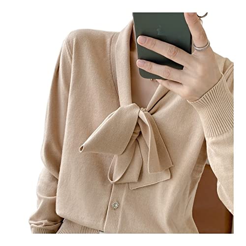 Suéter de lã com decote em V e laço de fita Suéter solto (Color : Camel color, Size : XL)