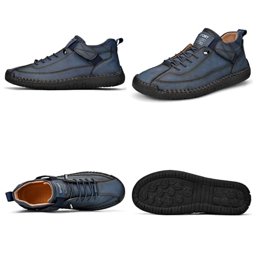 Men'S Hand Stitching Leather Chukka Ankle Boots with Adjustable Elastic Band Casual Slip-On Non-Slip Walking Loafers Retro High Top Flat Shoes4