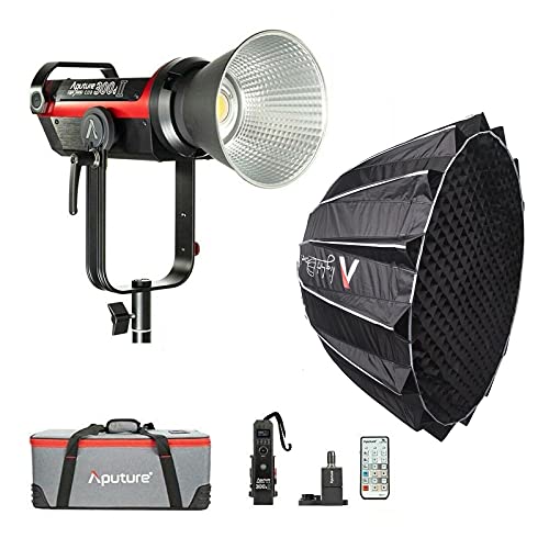 Aputure COB 300D Mark II + Light Dome II Softbox, V-Mount Led Video Light CRI97+ TLCI97+ 55000lux@0.5M 5500k App Control 8 Built-in Lighting Effects 2.4G 100m Wireless Remote Control for Photography