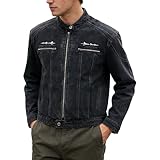 Herren-Jeansjacke, Used-Look, lässige Retro-Motorradjacke, Bikerjacke, Stehkragen, Reißverschluss, Streetwear-Denim-Oberteil, Schwarz, Größe M
