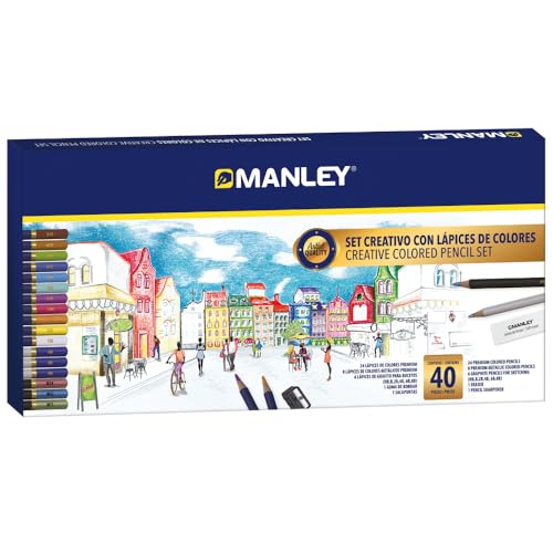 Manley Set Artistico Di Matite Colorate 40 Pezzi | Artist Quality | Include 24 Matite Colorate Premium, 8 Matite Colorate Metalliche, 6 Matite Di Graf