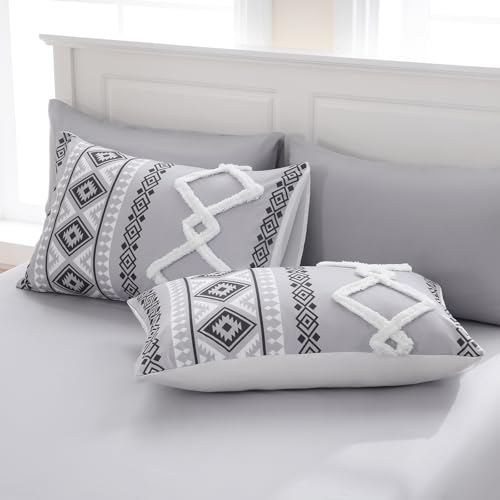 Image of MOVE OVER Gray Tufted Comforter Set Queen Size 7 Pieces Bed in A Bag Farmhouse Bedding Comforter Sets Boho Aztec Sheet Set and Comforter Set Modern Boho Tufted Bedding Set for All Seasons