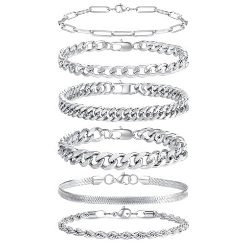 AWARDSEN Mens Bracelets Silver Bracelets for Men 6 Pcs Silver Stainless Steel Bracelet Mens Jewellery Fashion Accessories Gift for Fathers Days Daddy Boyfriends Husband 7.5