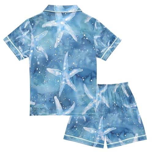 senya Starfish on Blue Watercolor Satin Summer Pajama Sets Silk Short Sleeve Button Down Sleepwear2
