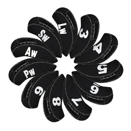 DBYAN Fundas para cabeza de palos de golf y cuña de hierro con pantalla de ventana, material de neopreno, 10,6 colores opcionales (11 piezas en negro completo) Cover