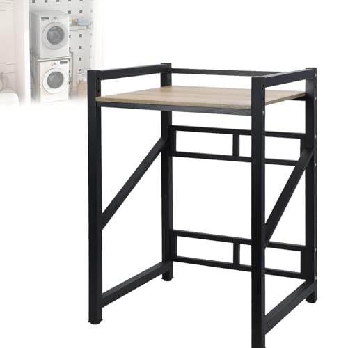 ymtiolze Washing Machine Stacking Kits, Height Adjustable Bathroom Organizer Rack with Protection Fence & Anti-slip Feet Mats, Washer Dryer Shelf with Countertop 1