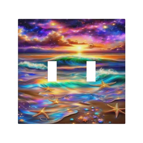 Decorative Switch Covers Plate Colorful Sunset Starfish Beach Shells 2 Gang Wall Plate Oversized Double Toggle Light Switch Plate Wall Cover Plate Faceplate for Bathroom Bedroom Decor