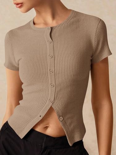Image of Imily Bela Womens Short Sleeve Sweater Tops Summer Button Down Casual Ribbed Knit Slim Fit Cropped Cardigan Shirts