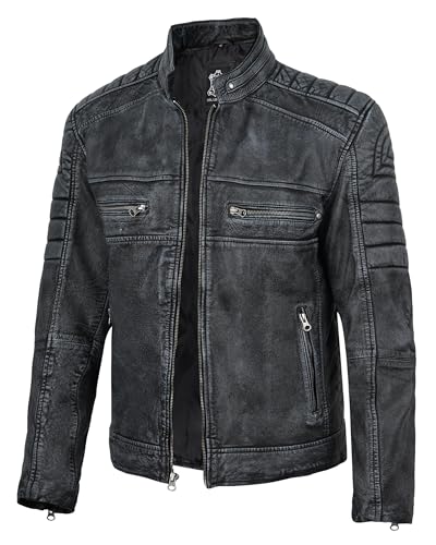 Image of fjackets Leather Jacket Men Real Lambskin - Cafe Racer Moto Style, Stand Collar Zip Up Jacket
