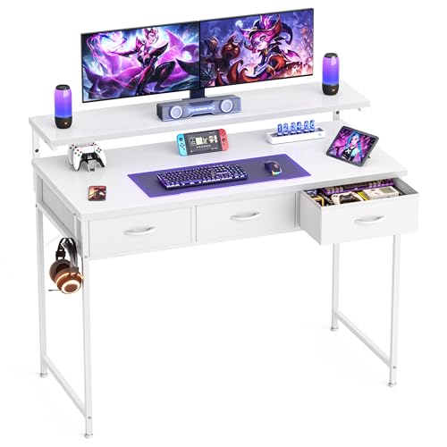 HOMIDEC Gaming Desk with Adjustable Monitor Stand, Computer Office Desk with 3 Storage Drawers, Gaming Table with Headphone Hook, Carbon Fibre Surface, for Gamers, Workers and Students, White, 100cm