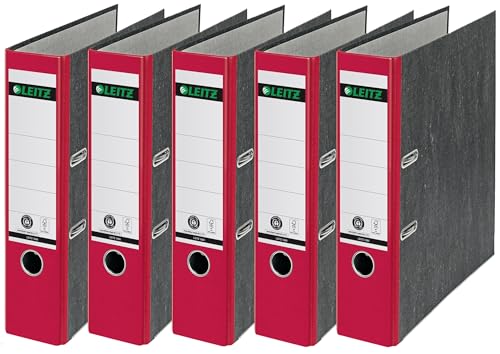 Leitz Qualitäts-Ordner, das Original, DIN A4 Aktenordner 8 cm breit, Wolkenmarmor-Papier, Recycling-Ordner, Blauer Engel, Mit 180° Mechanik, Höchste Stabilität (Breit, Rot, 5 Stück)