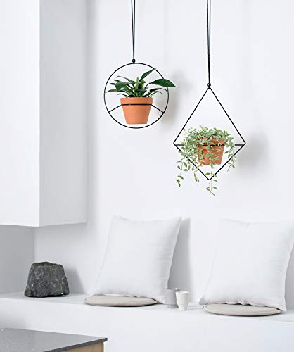 Mkono Boho Hanging Planter, Set Of 2 Metal Plant Hanger With Plastic Pots, Modern Mid Century Flower Pot Plant Holder In Diamond And Circle Shape, Fits 6 Inch Planter (Plastic Pots Included), Black #TOP2