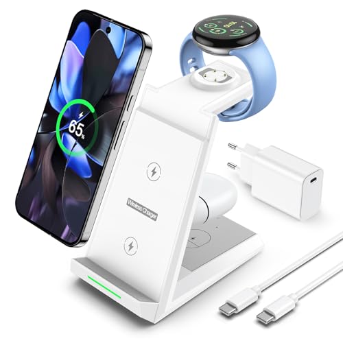 NANAMI induktive Ladestation für Google Pixel Watch 3/2/Fitbit Versa 4/3 3 in 1 Wireless Charger für Google Pixel 10/10 Pro/9/9a/8/7 induktionsladegerät für Pixel Buds Pro 2(Not for Pixel Watch 4/1)