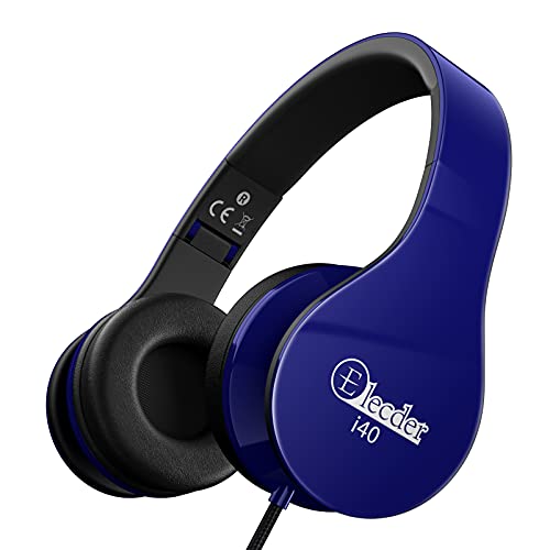 Elecder i40 Headphones with Microphone Foldable Lightweight Adjustable Wired On Ear Headsets with 3.5mm Jack for Cellphones Laptop Computer Smartphones MP3/4 Kindle School (Blue/Black)