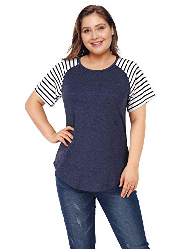 AMZ PLUS Women's Plus Size Striped Raglan Tee Shirts Jersey Baseball Casual Tunic