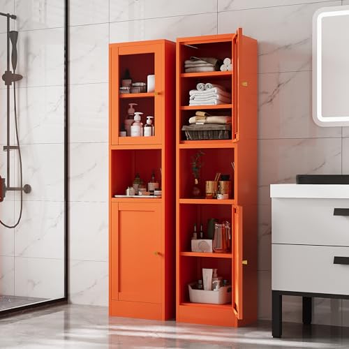 Image of 67 inch Tall Metal Narrow Storage Cabinet with Glass Door and Open Shelf, Shaker Style Slim Cabinet with Adjustable Shelves for Kitchen Bathroom Living Room Laundry Small Spaces, Orange, 1Pc