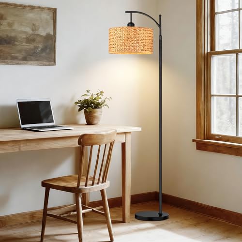 Image of QIYIZM Floor Lamp for Living Room Bedroom Farmhouse Arc Rattan Boho Standing Lamp with Remote Dimmable Black Wicker Bamboo Lamp Shade Floor Light Adjustable Tall Lamp Industrial Floor Lamps Bohemian