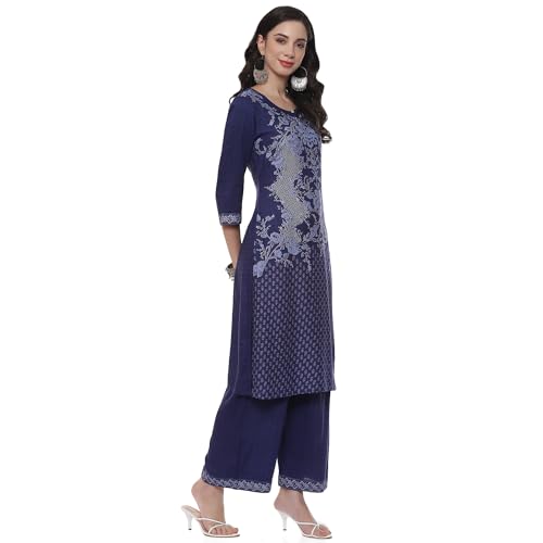 Image of Rangriti Blue LIVA Straight Printed Kurta Palazzo Suit Set For Women