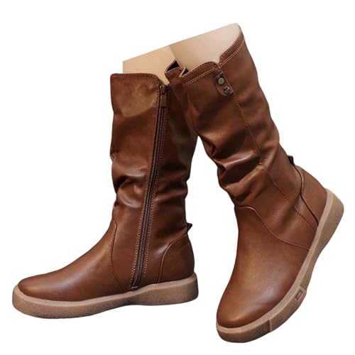 Xbemkste Botas para mujer de media caña planas con cremallera, punta redonda, con ondas, estilo vaquero de cuero, botas termicas forradas, botas de invierno cómodas para mujer, marrón, 37 EU
