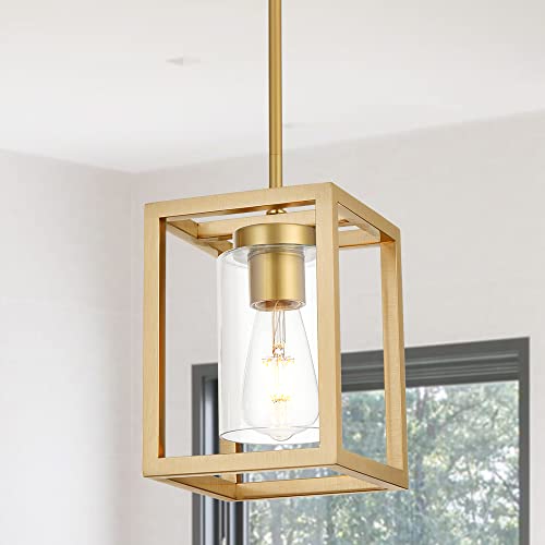 Image of 1-Light Rustic Chandelier in Gold Finish Modern Industrial Pendant Lighting Fixture with Clear Glass Shade Hanging Ceiling Light for Dining Room