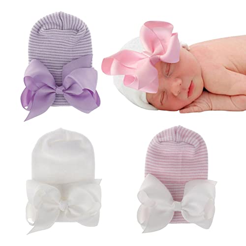 Image of upeilxd Newborn Baby Hat Infant Caps Baby Boy Girl Toddler Hospital Hats Bow Double Layer Knit Beanie Cap for 0-3 Months