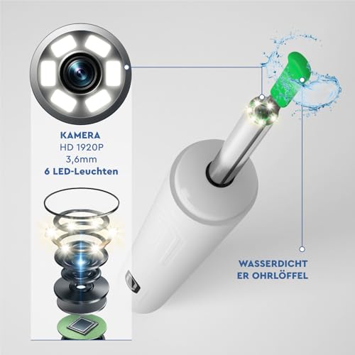 Ohrenschmalz Entferner Otoskop mit Kamera 1920p 3,6mm WiFi Ohrenreiniger - UdiGuard Ohrenspiegel Ohr mit 6 LED-Leuchten Erwachsene Kaninchen und Kinder Weiße - Kompatibel mit iPhone iPad Android