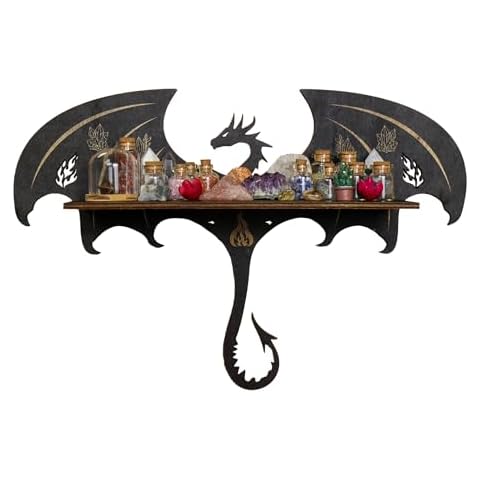 FNYDOX Gothic Evil Dragon Decor Crystal Display Shelf for Wall, Wooden Witchy Shelf Rock Display Case Knick Knack Organizer Trinket Holder, Wall Hanging Shelves for Essential Oil & Nail Polish Cover
