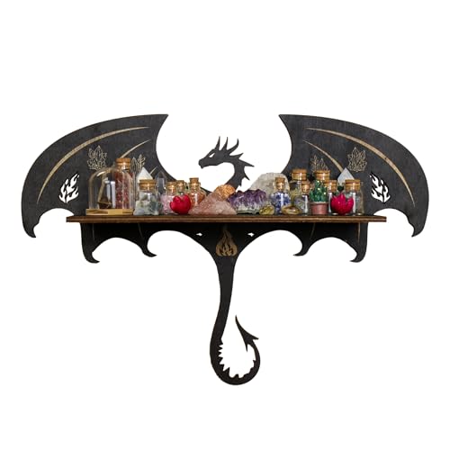 FNYDOX Gothic Evil Dragon Decor Crystal Display Shelf for Wall, Wooden Witchy Shelf Rock Display Case Knick Knack Organizer Trinket Holder, Wall Hanging Shelves for Essential Oil & Nail Polish