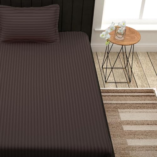 Image of Cotton Feel Satin Stripes /Lining Plain Bedsheet for Single Bed Bedsheet with One Pillow Covers for Home- Hotels-Guest House 60x90 Inches (Coffee)