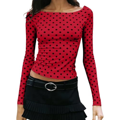 Women Y2k Vintage Polka Dot Top Cute Dot Print Long Sleeve Shirt Boat Neck Slim Fit Going Out Crop Tops Streetwear (Fitted Red, S)