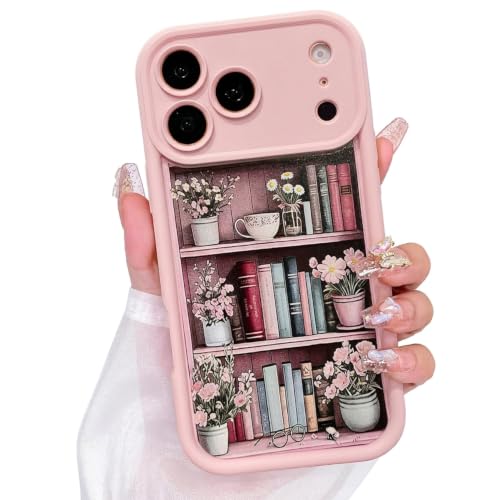 Image of VONZEE Cute Pink Book Shelf Back Cover for iPhone 17 Pro Max| Clear Shockproof TPU Protective Case | intage Library & Flower Shelf Pattern for Girls and Women
