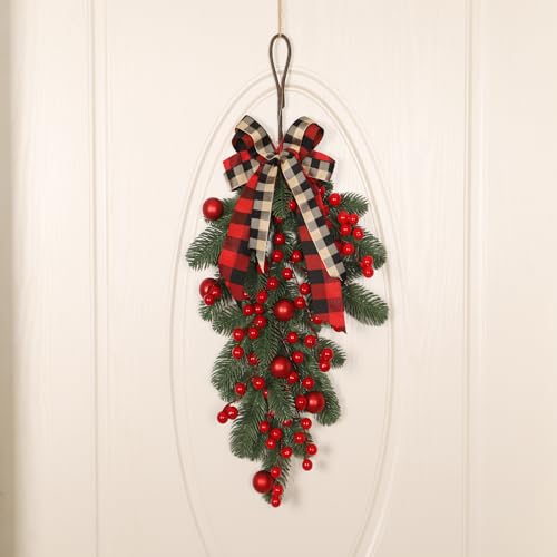 CEWUDA Künstlicher roter Gitterbaum zum Hängen Weihnachten Teardrop Swag 60cm Groß Christmas Swag mit Weihnachtskugeln Beeren Bogen Kiefernnadeln Winterdeko Weihnachtsdeko für Haustür Wand Tisch Kamin
