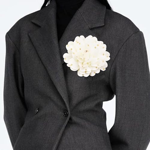 Image of Elegant Large Rose Flower Brooches Lapel Pins Handmade Dainty Satin Fabric Pearl Brooches Big Camellia Flower Brooch Pin for Women Wedding Part Dance Dress Suit Clothes Accessories Prom Jewelry