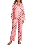 LYSINK Women Valentines Pyjamas Sets Long Sleeve Lapel Button Down Love Heart Print Tops Pants Matching Pjs Sleepwear (F-Red, XL)