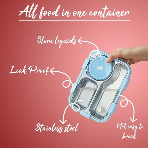 Image of Storescent Lunch Box 3 Compartment Leak-Proof BPA Free Stainless Steel, Lunch Box for Kids, Lunch Box for School & Office with a Fork, a Spoon and a Pair of Chopsticks, 750 ml (Blue)
