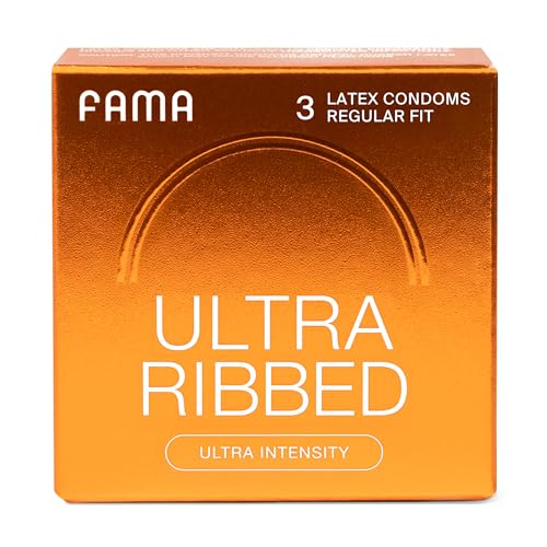 FAMA Ribbed Condoms for Men,Texture Natural Latex Condoms with Sillicone Lubricant, Ultra Sensitive Safe Sex Protection–2.12-Inch/54 mm Diameter (3Count)