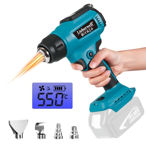 Akku Heißluftgebläse für Makita 18V, 550°C Tragbar Heißluftpistole mit Digitalem Display, 2 Temperatur & Luftmenge Einstellbarer mit 4 Düse für DIY, Abziehen, Elektronische Reparaturen(Keine Batterie)