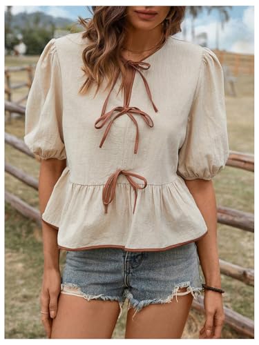 SOLY HUX Women's Bow Tie Front Tops Puff Short Sleeve Ruffle Hem Peplum Cute Blouse4