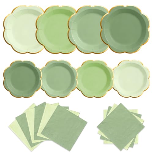 Sage Green Plates and Napkins Party Supplies for 20 Guests,Green Scalloped Paper Plates with Gold Rim, Elegant Disposable Tableware Set for Birthday,Baby Shower, Wedding, Bridal & Tea Party,60 PCS