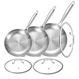 LOLYKITCH 8.5-10-12 Inch Tri-Ply Stainless Steel Frying Pan Set with Lids,Skillets,Induction Cooking Pans,Dishwasher and Oven Safe,Detachable Handle