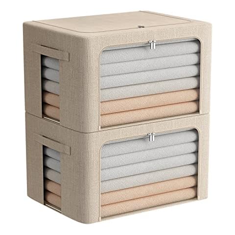 2 Pack Clear Window Storage Bins Foldable Fabric Storage Bins Boxes for Clothes Stackable Box Organizer Set with Carrying Handles (Beige, 22L,15.7x 11.8x 7.8 Inch) Cover